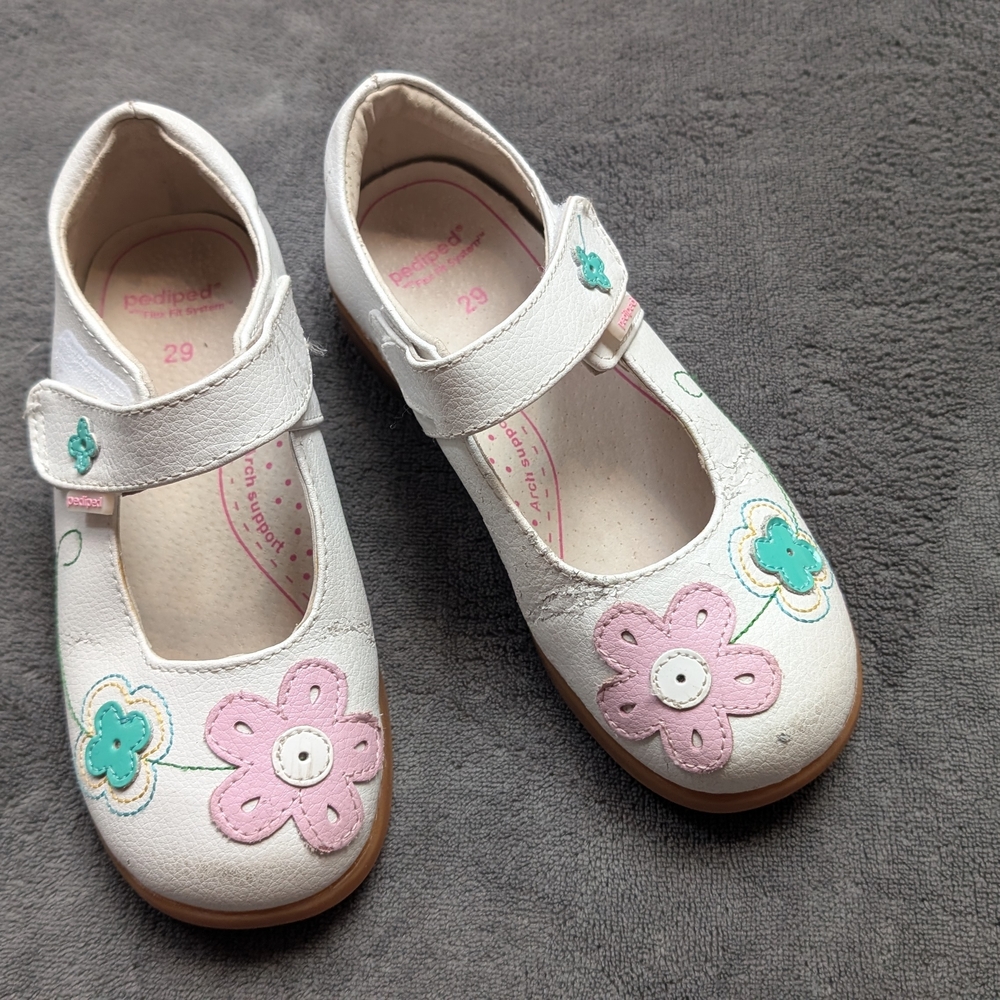Pediped White Shoes with Pink and Green Floral Accents.